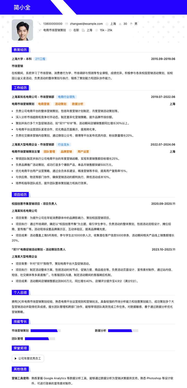 电商市场营销策划简历模板