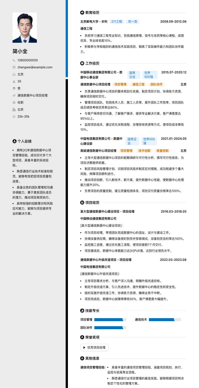 通信数据中心项目经理简历模板