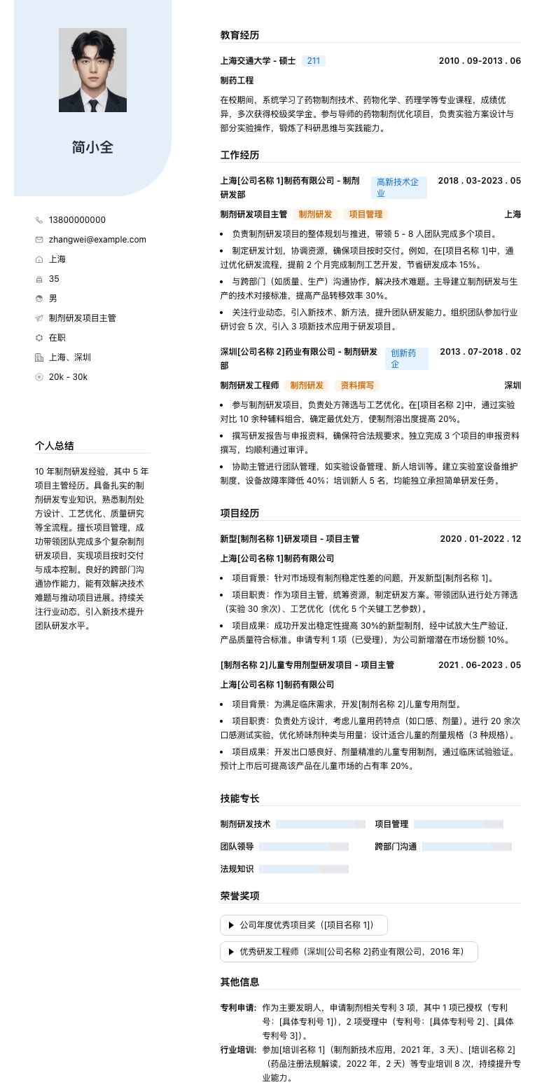 制剂研发项目主管简历模板