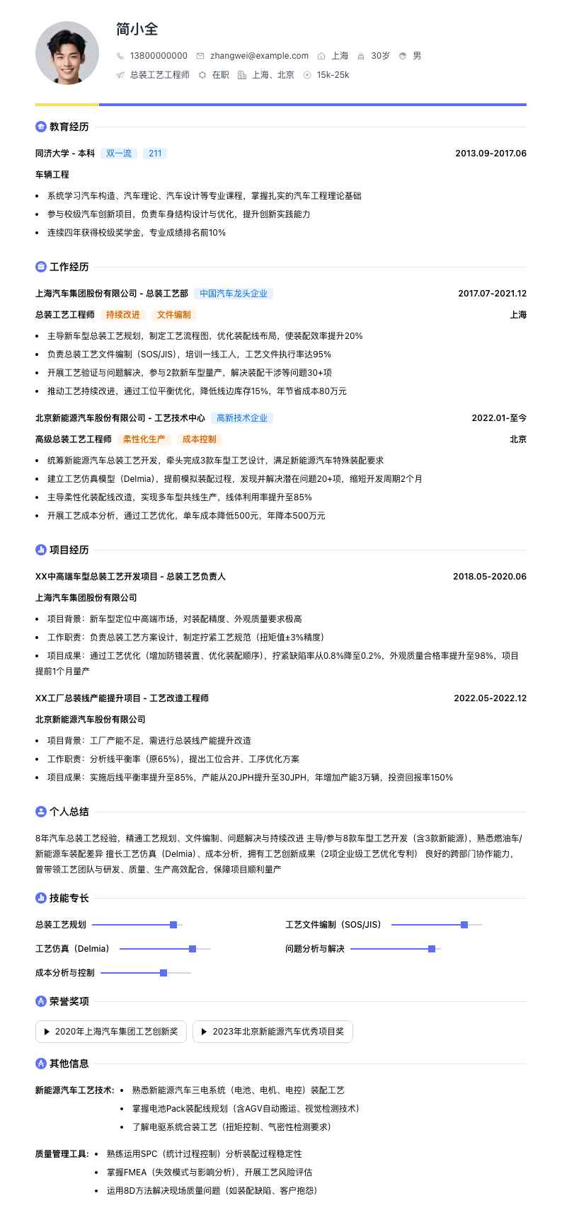 总装工艺工程师简历模板