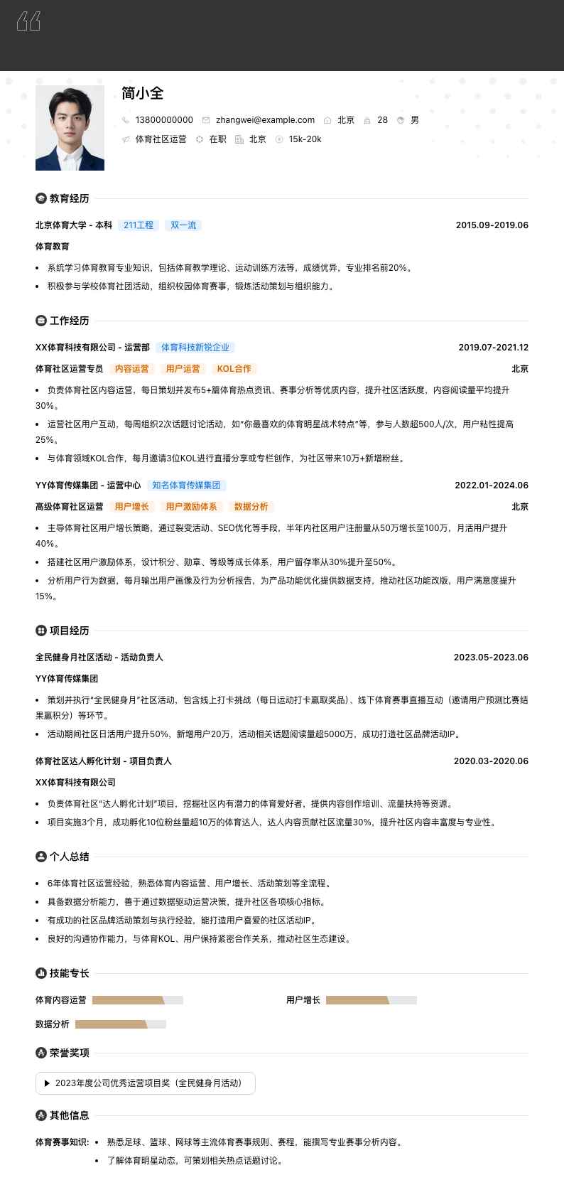 体育社区运营简历模板