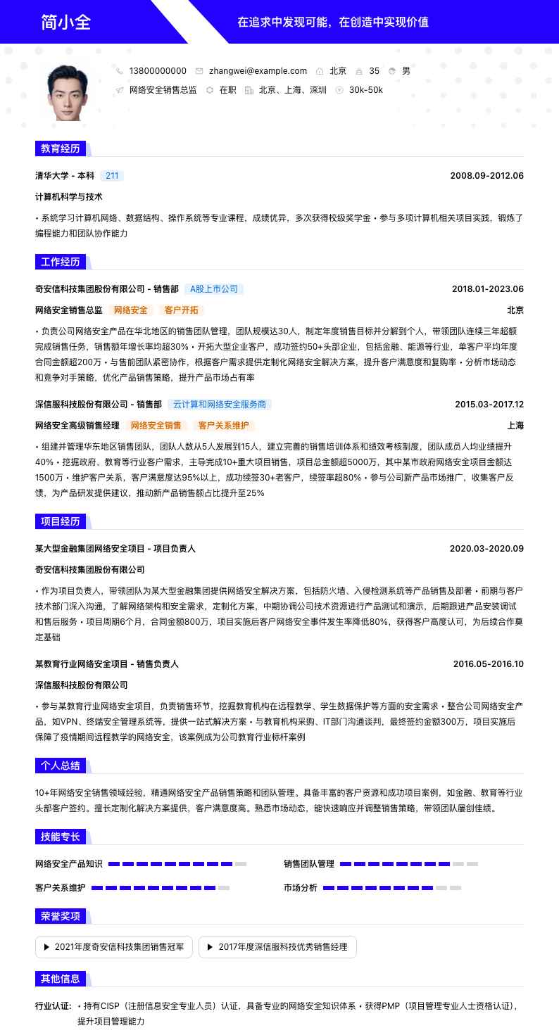 网络安全销售总监简历模板