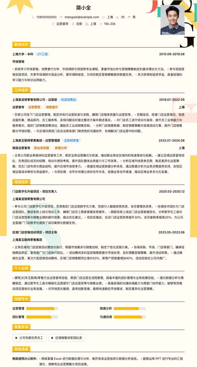 运营督导简历模板