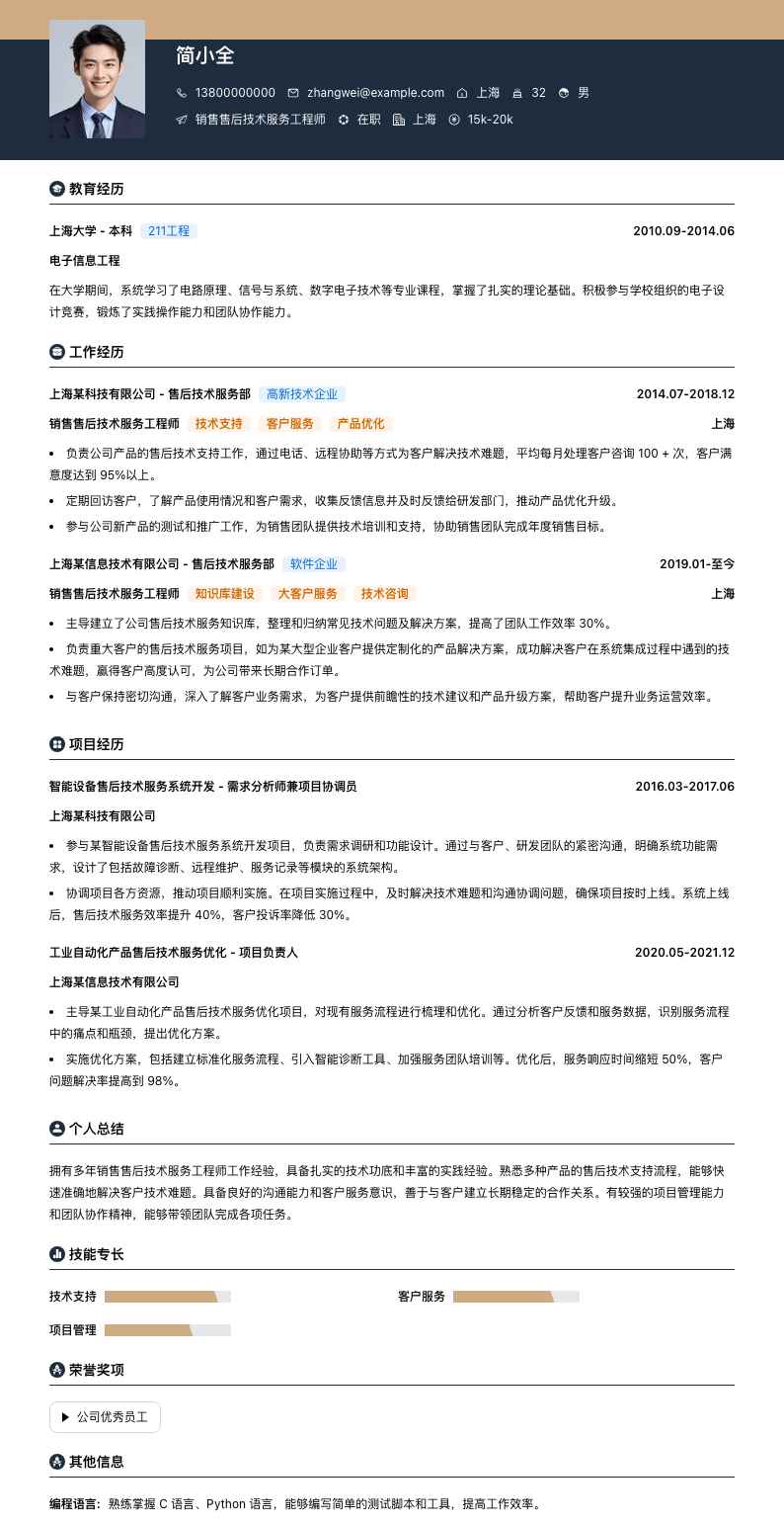 销售售后技术服务工程师简历模板