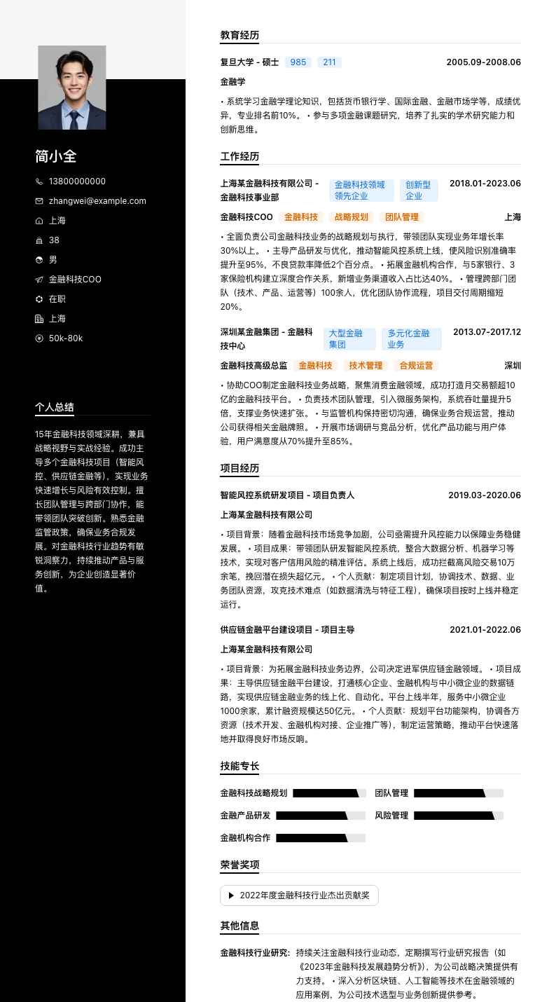 金融科技COO简历模板