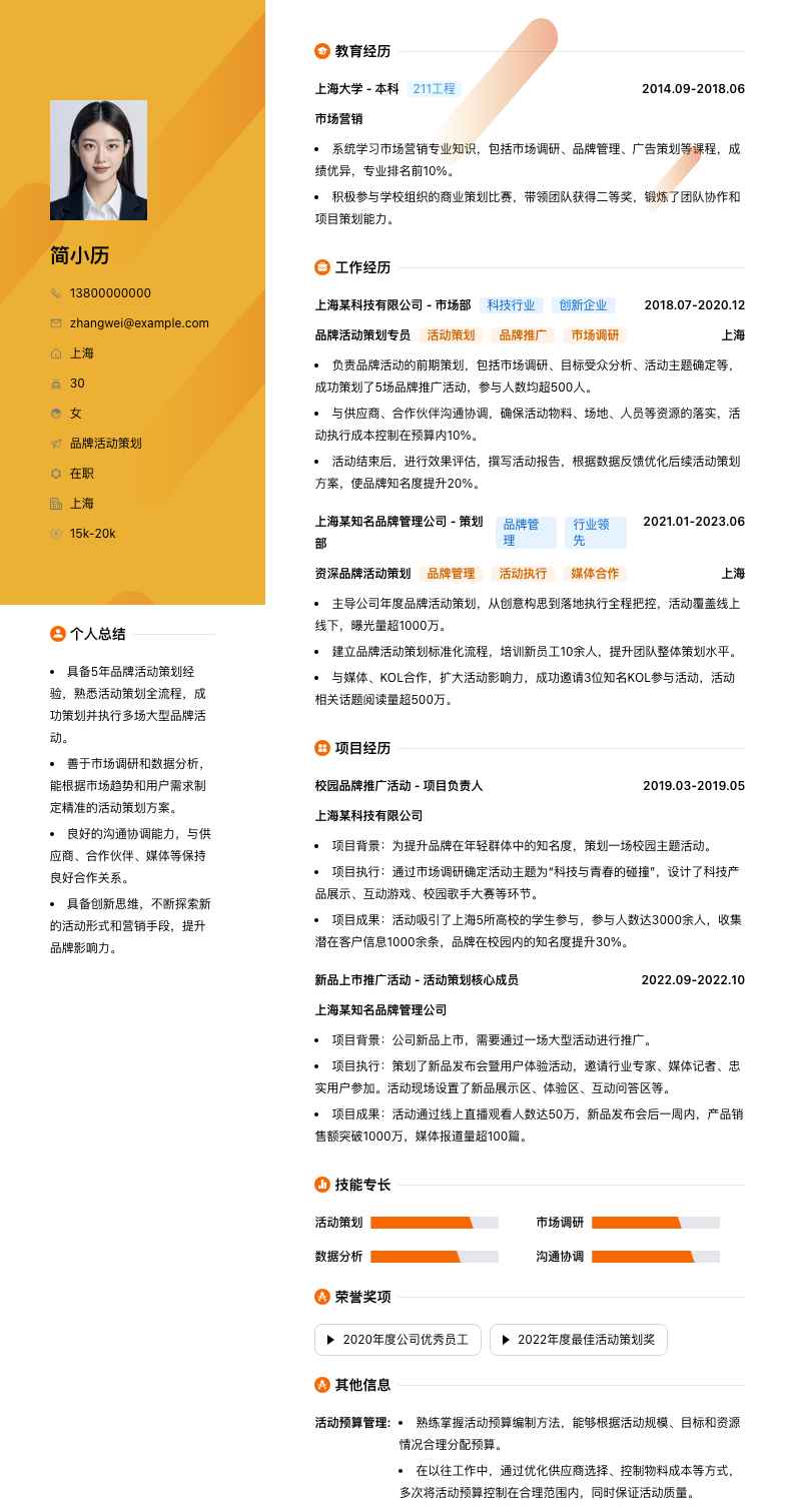 品牌活动策划简历模板