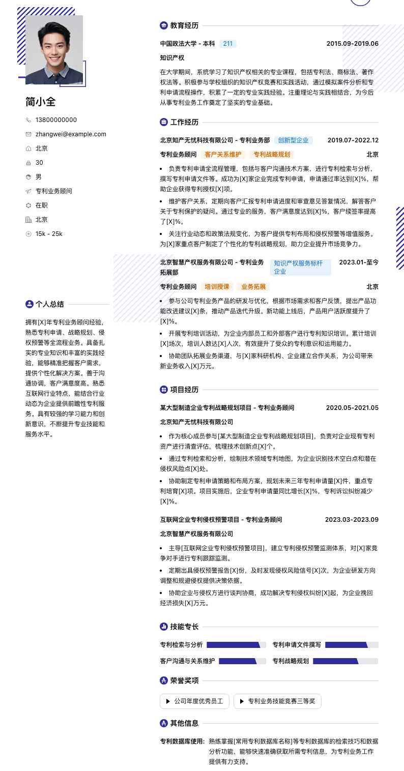 专利业务顾问简历模板