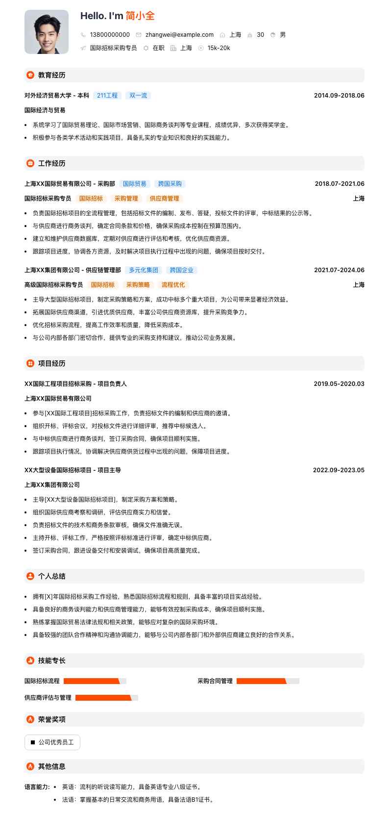 国际招标采购专员简历模板