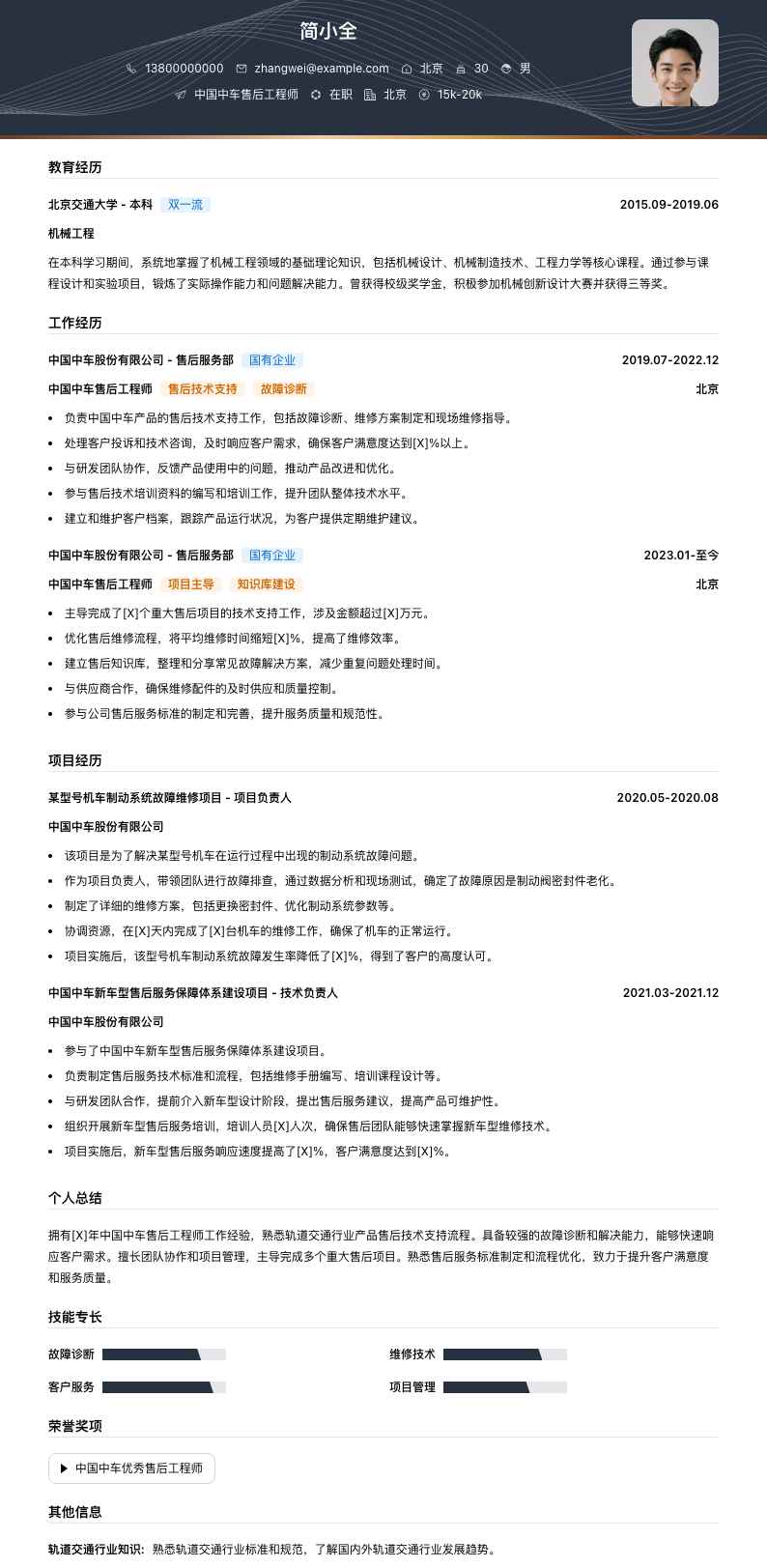中国中车售后工程师简历模板