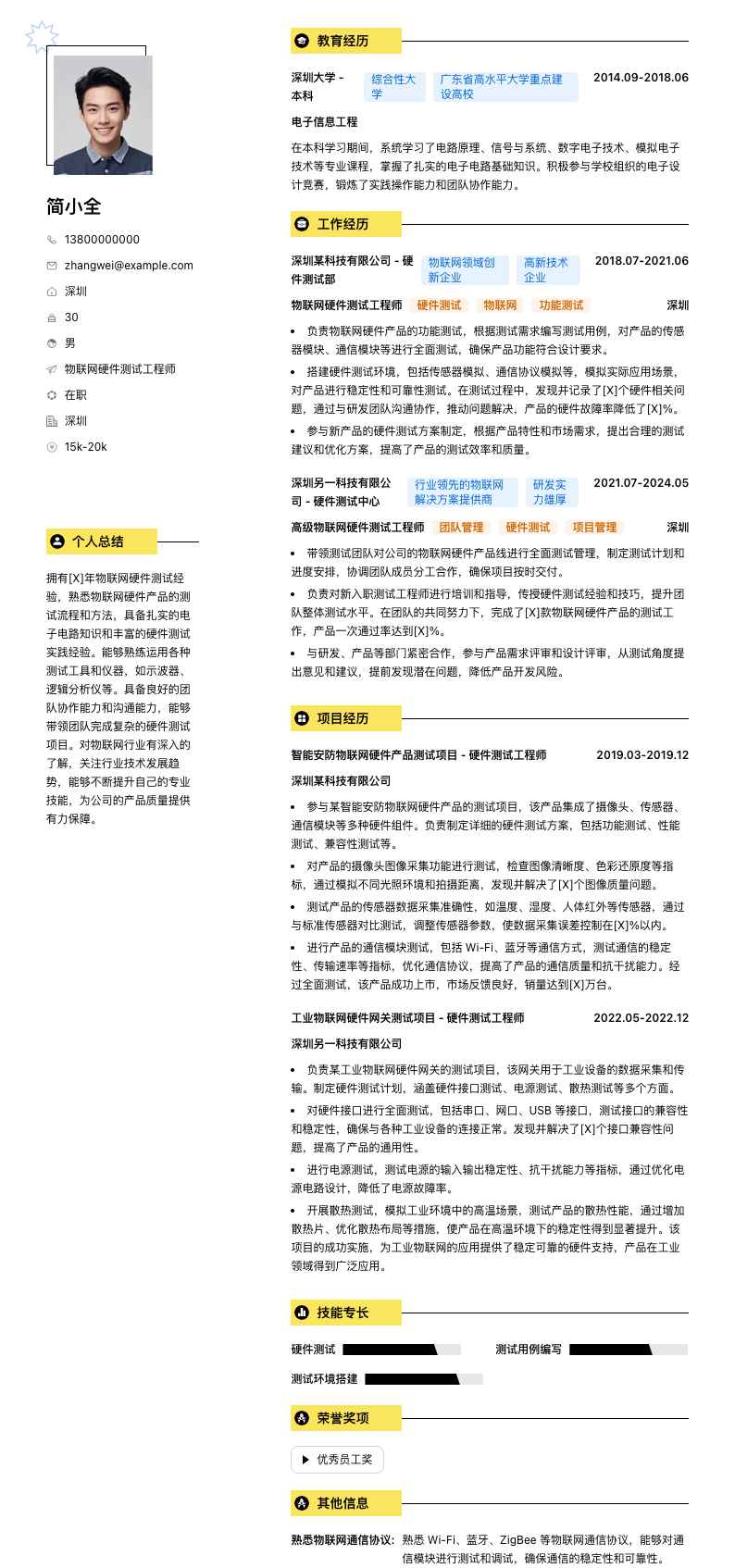 物联网硬件测试工程师简历模板