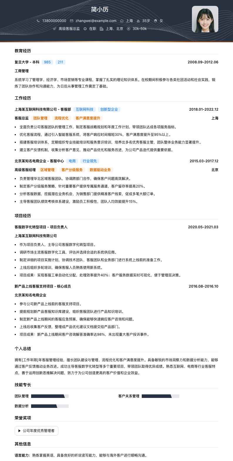 高级客服总监简历模板