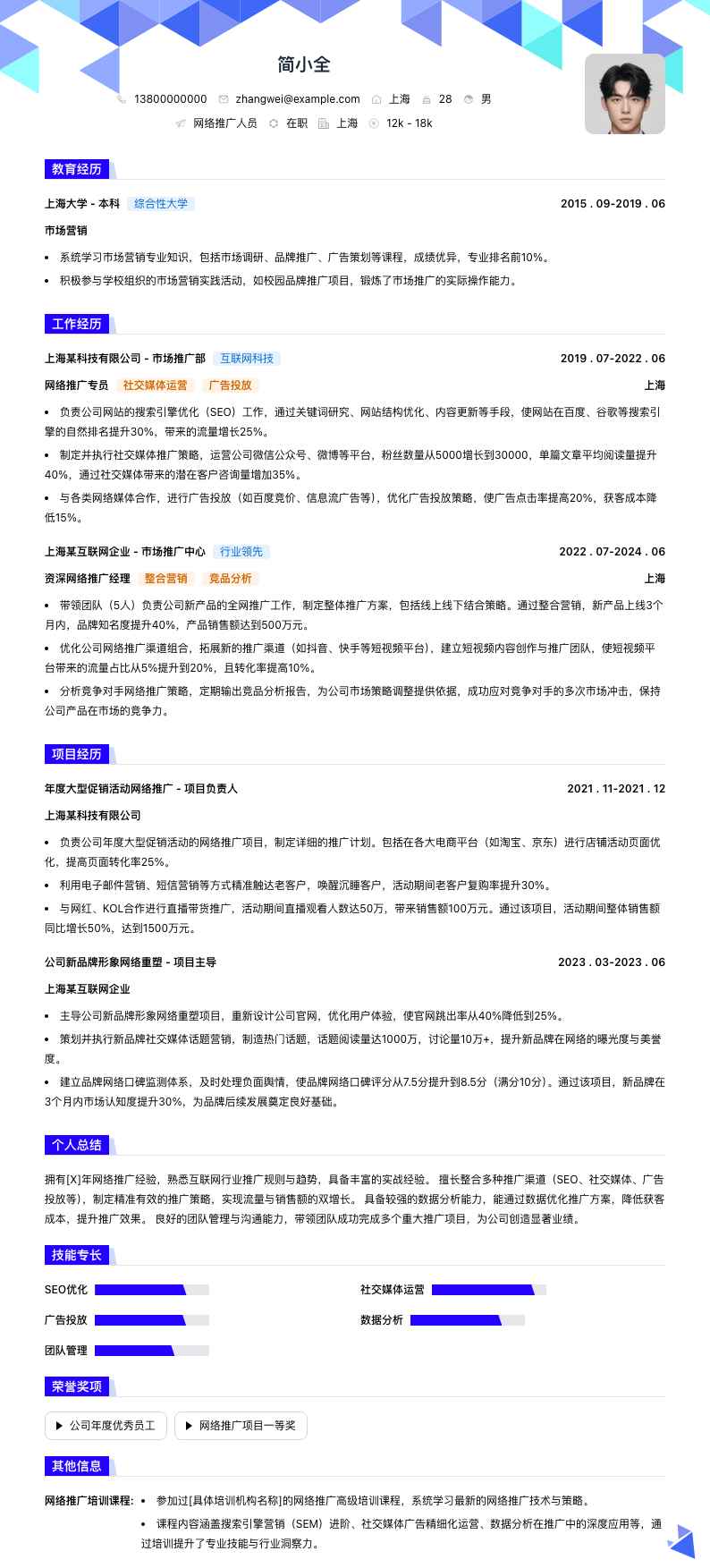 网络推广人员简历模板