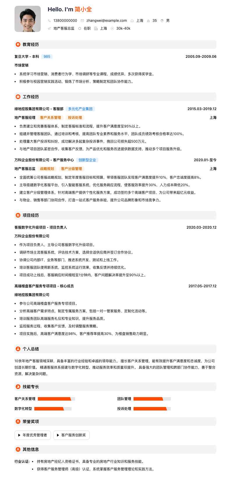 地产客服总监简历模板