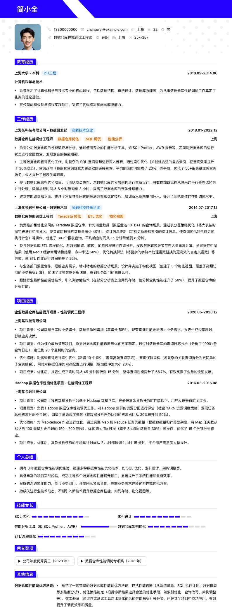 数据仓库性能调优工程师简历模板