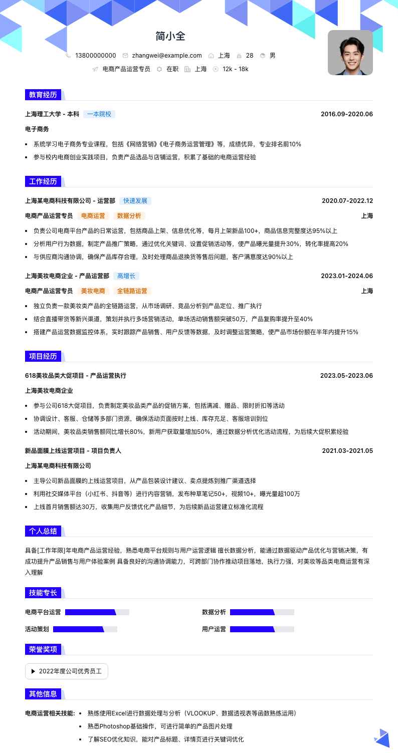 电商产品运营专员简历模板