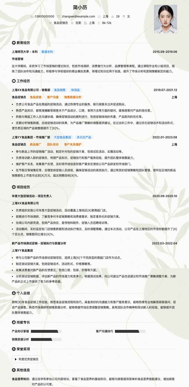 食品促销员简历模板