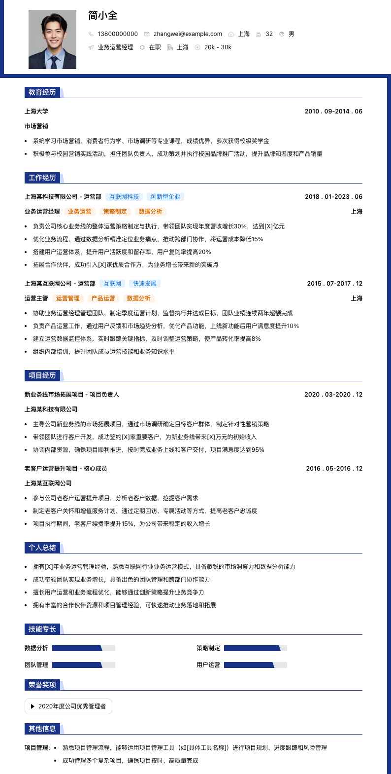 业务运营经理简历模板