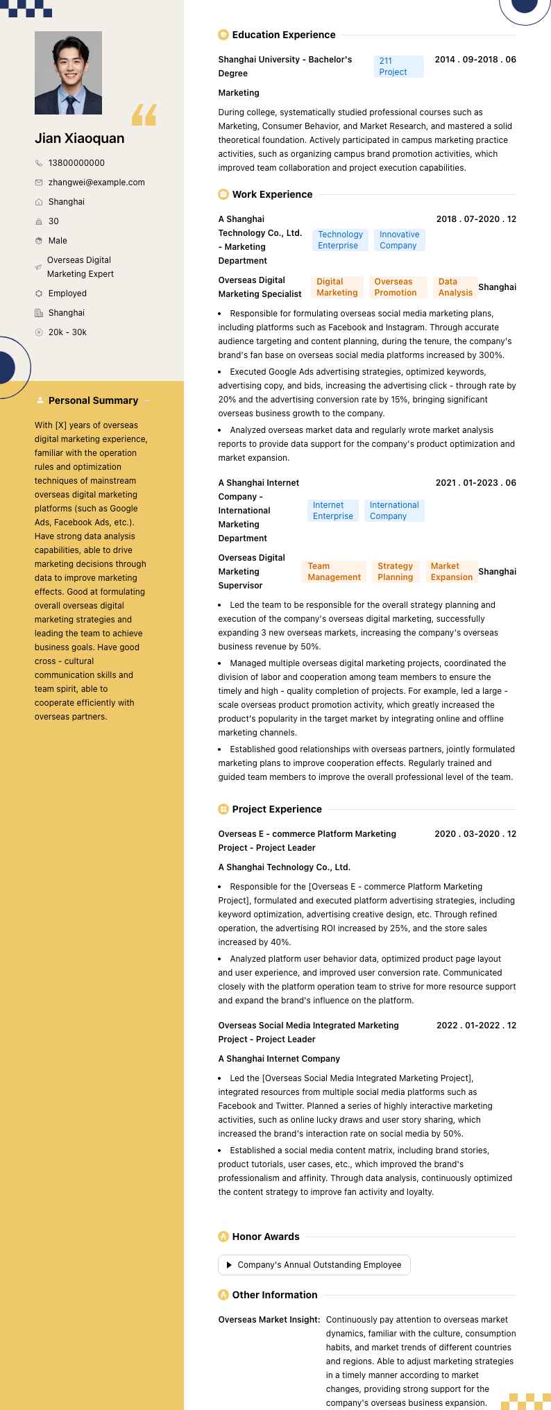 海外数字营销专家简历模板