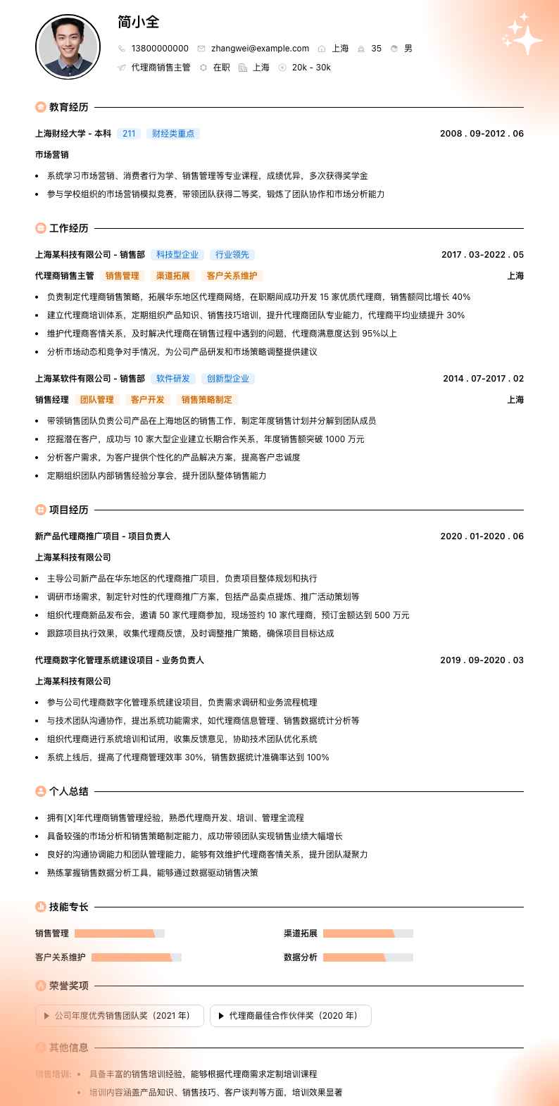 代理商销售主管简历模板