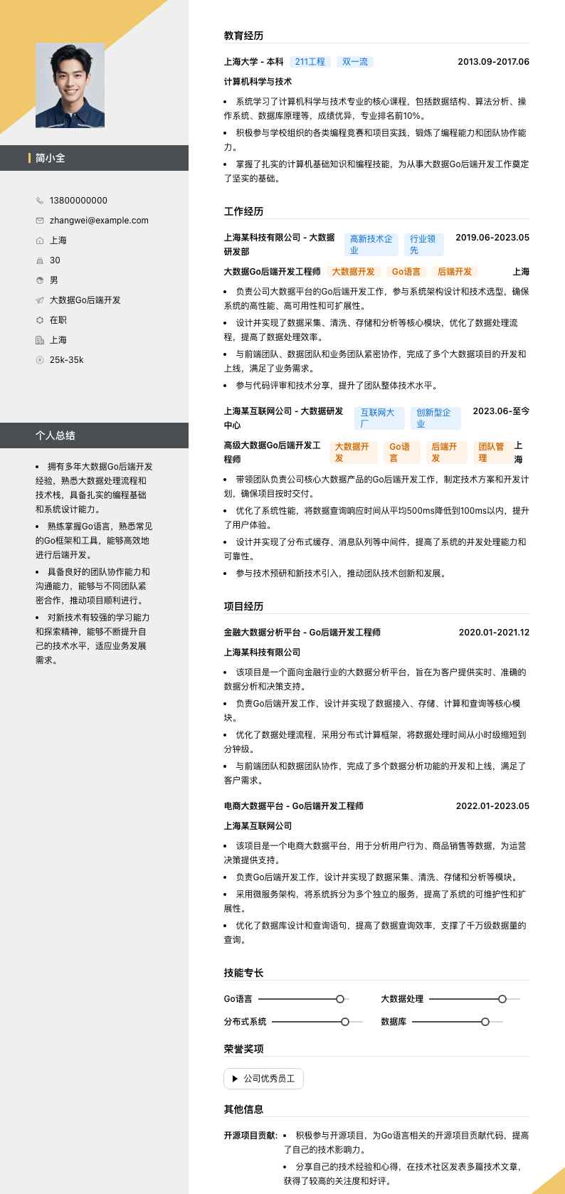 大数据Go后端开发简历模板