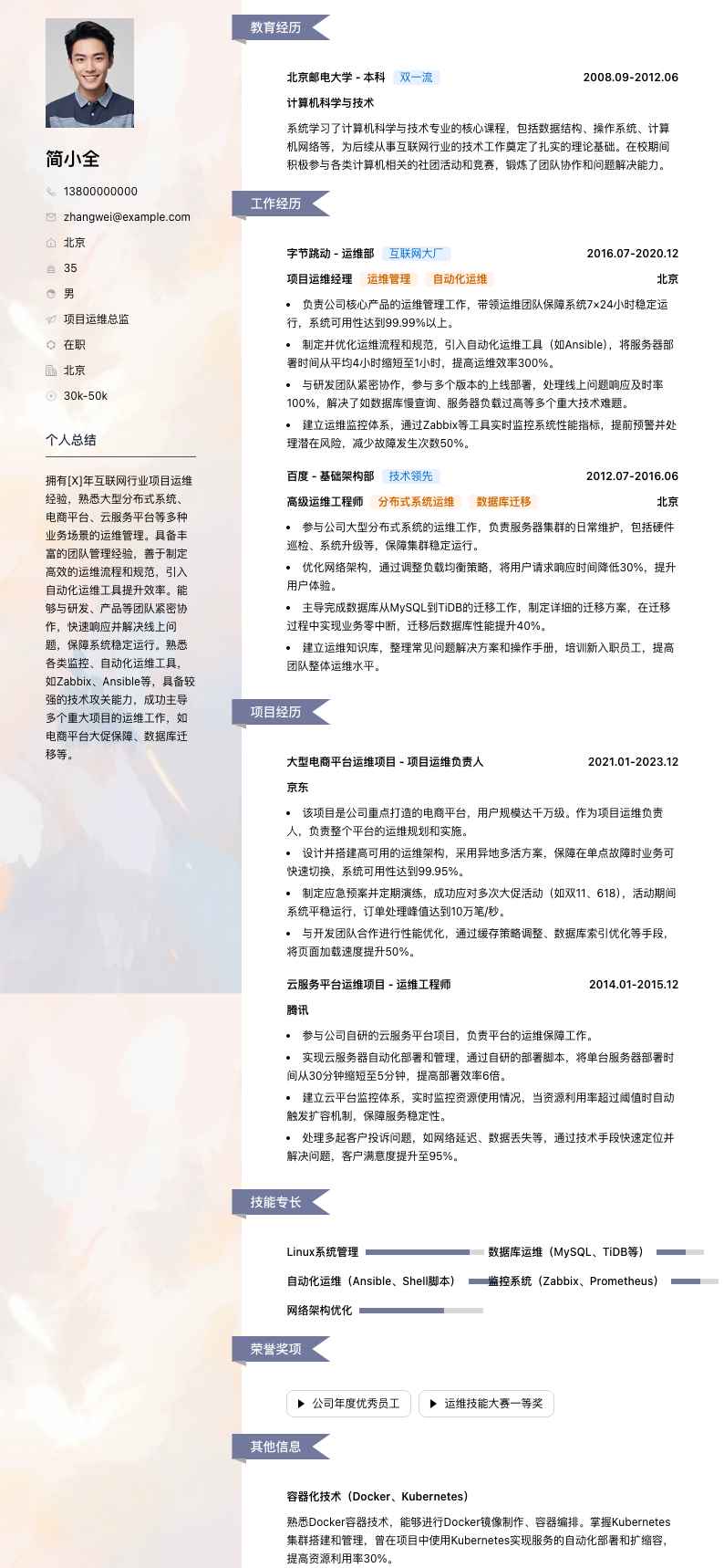 项目运维总监简历模板