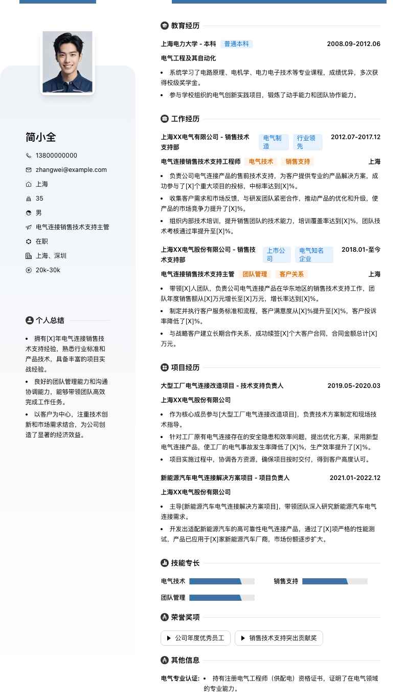 电气连接销售技术支持主管简历模板