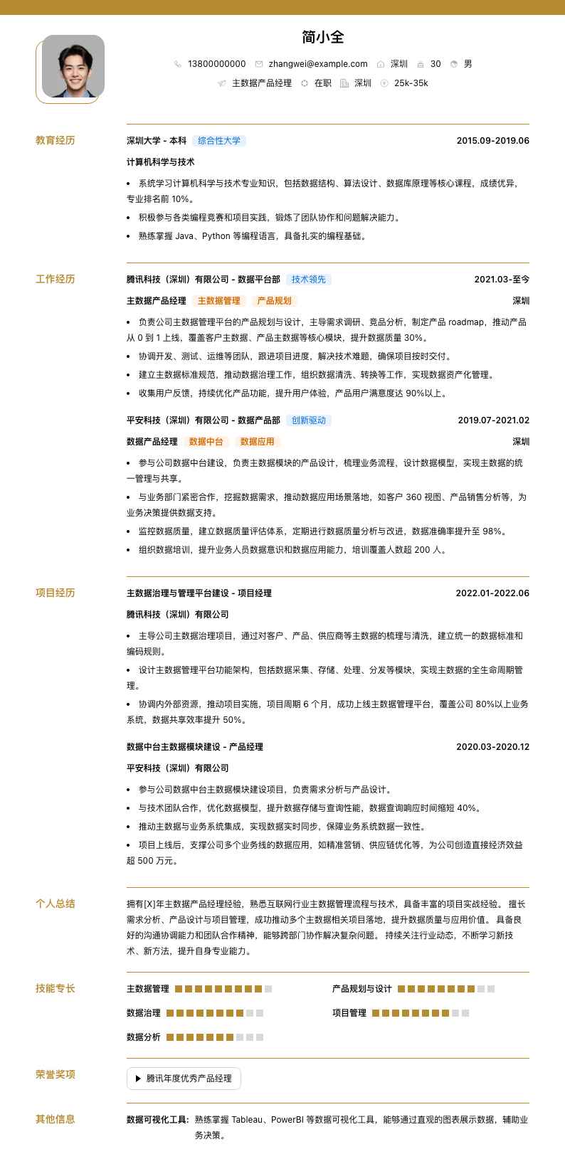 主数据产品经理简历模板