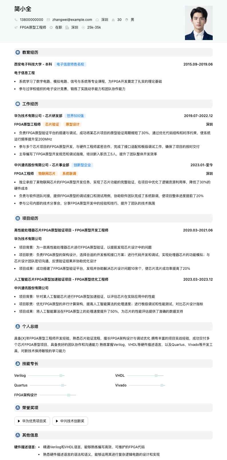 fpga原型工程师简历模板