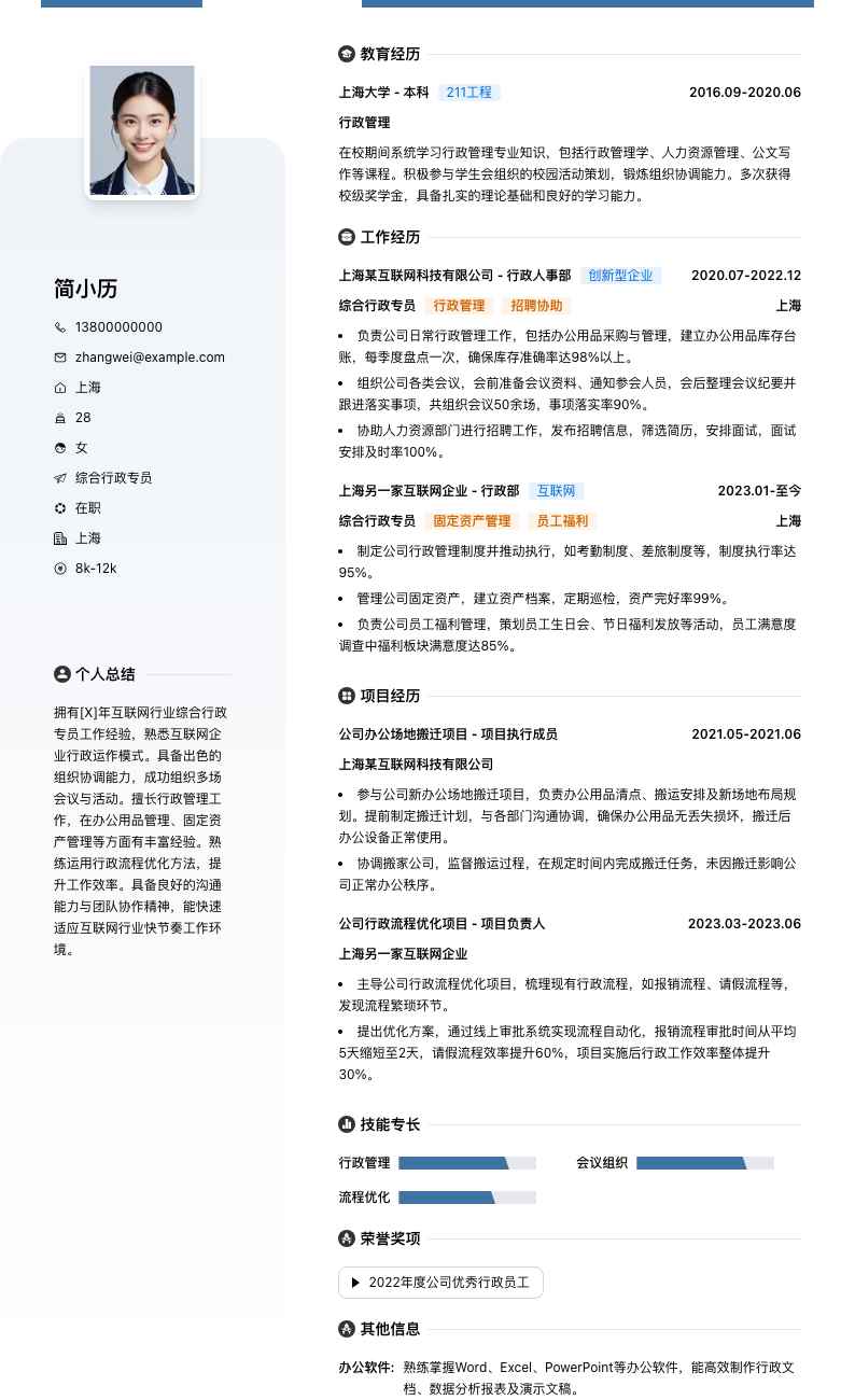 综合行政专员简历模板