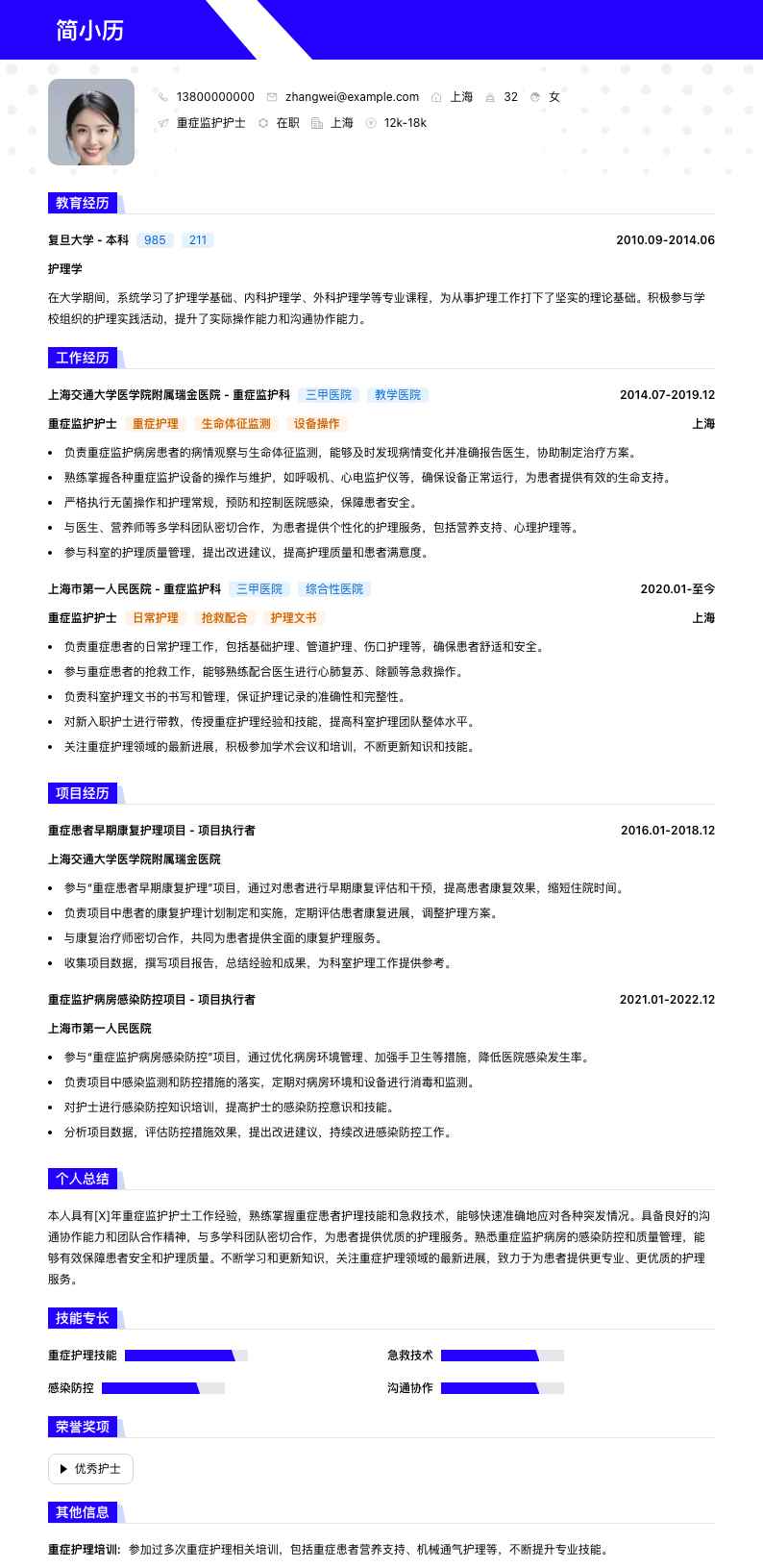 重症监护护士简历模板