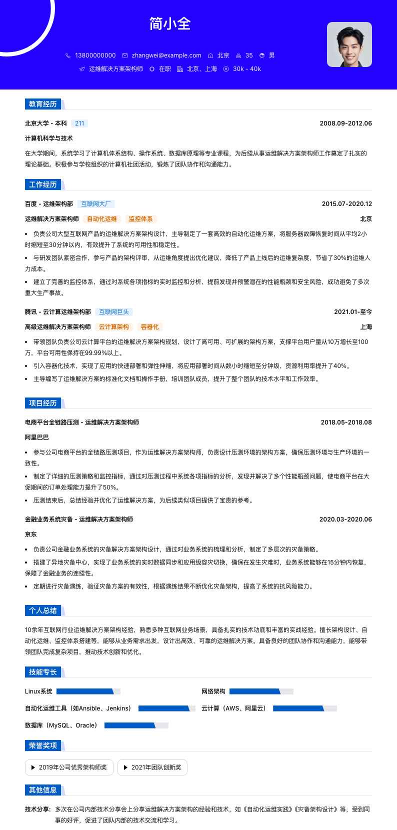 运维解决方案架构师简历模板