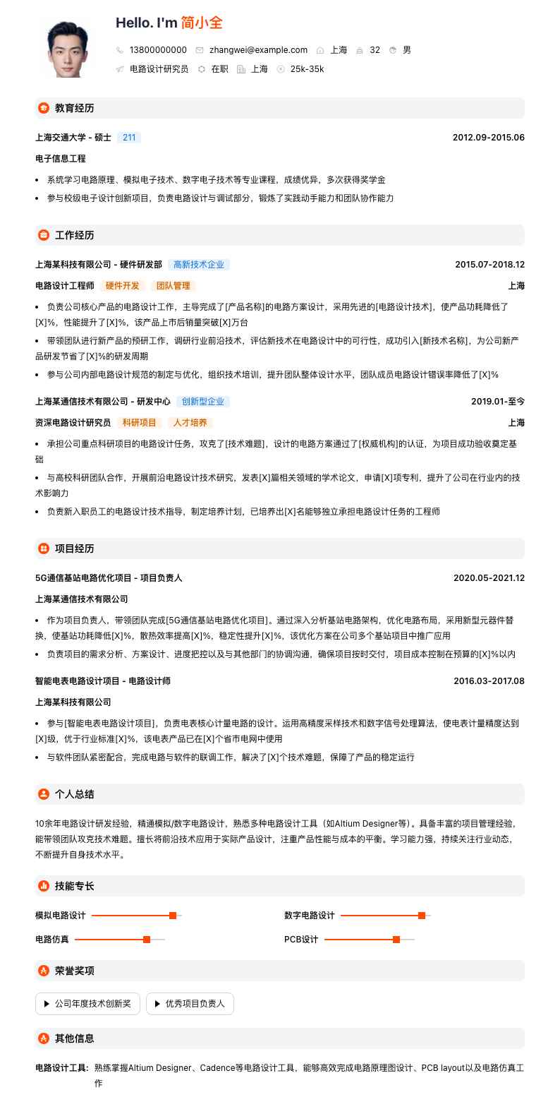 电路设计研究员简历模板