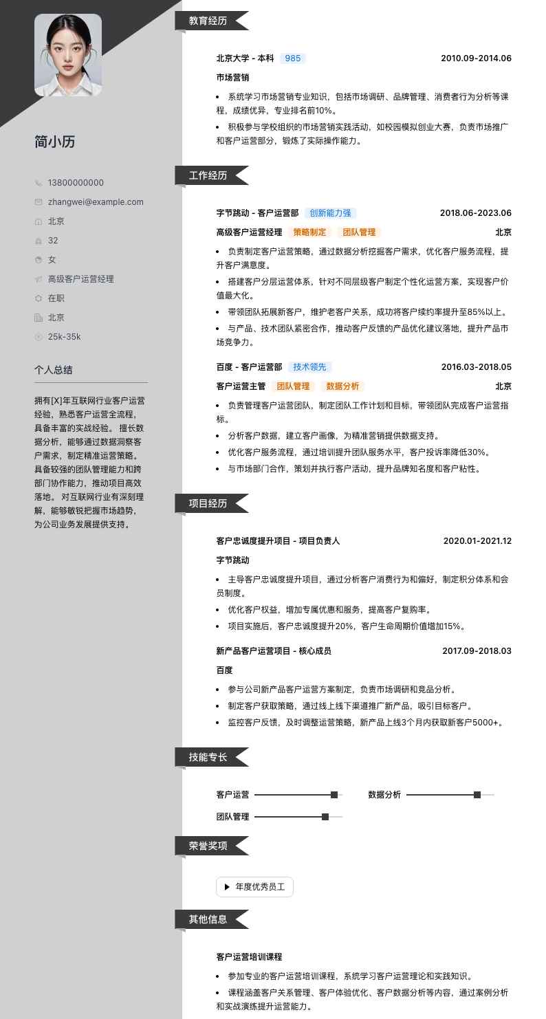 高级客户运营经理简历模板