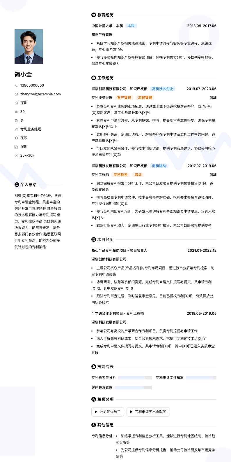 专利业务经理简历模板