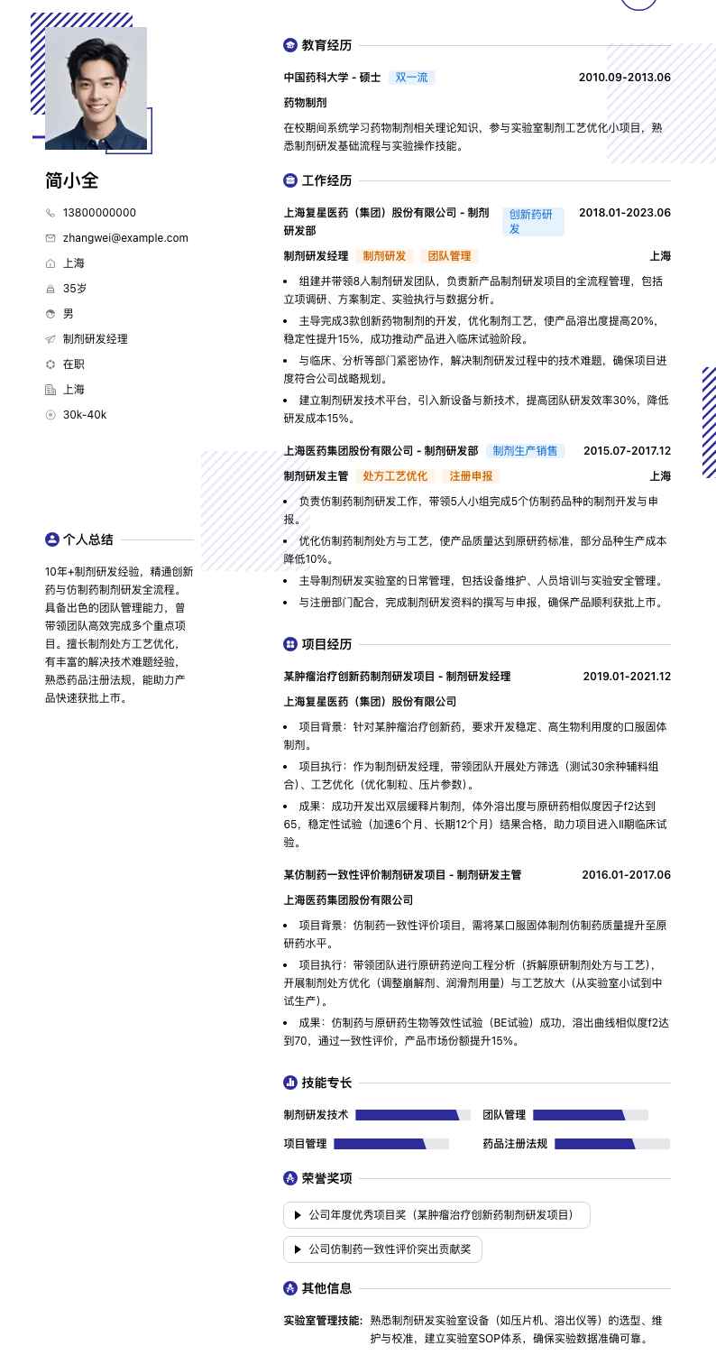 制剂研发经理简历模板