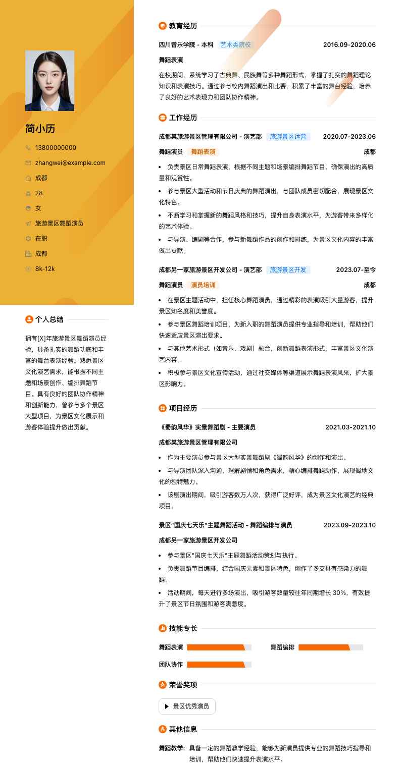 旅游景区舞蹈演员简历模板