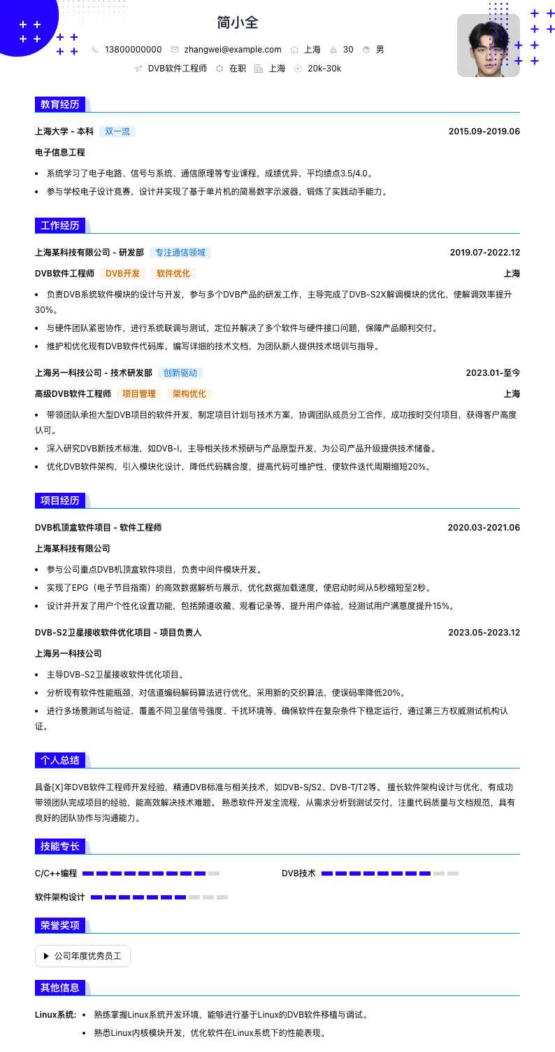 dvb软件工程师简历模板