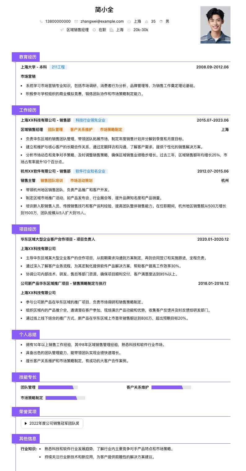 区域销售经理简历模板