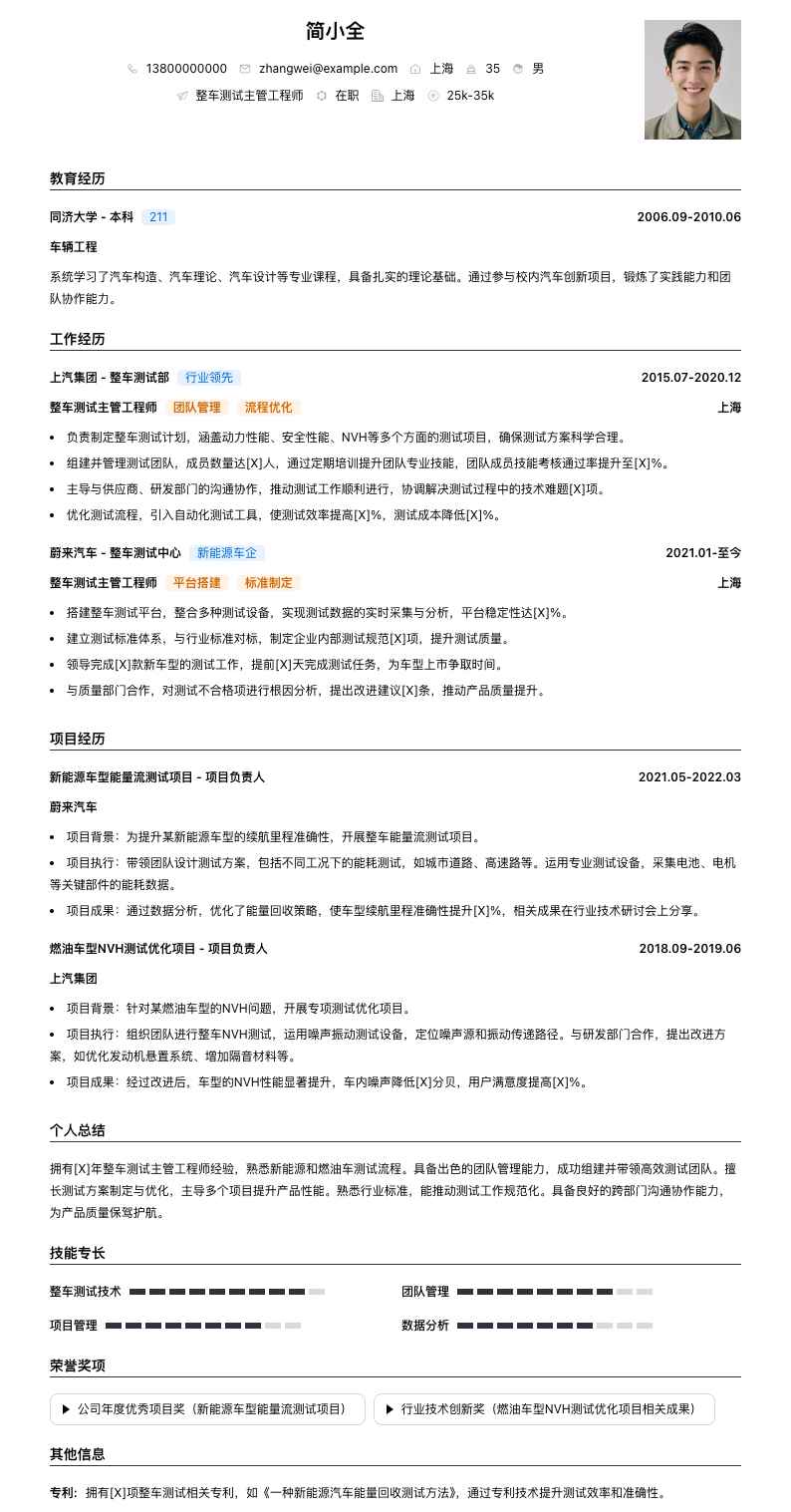 整车测试主管工程师简历模板