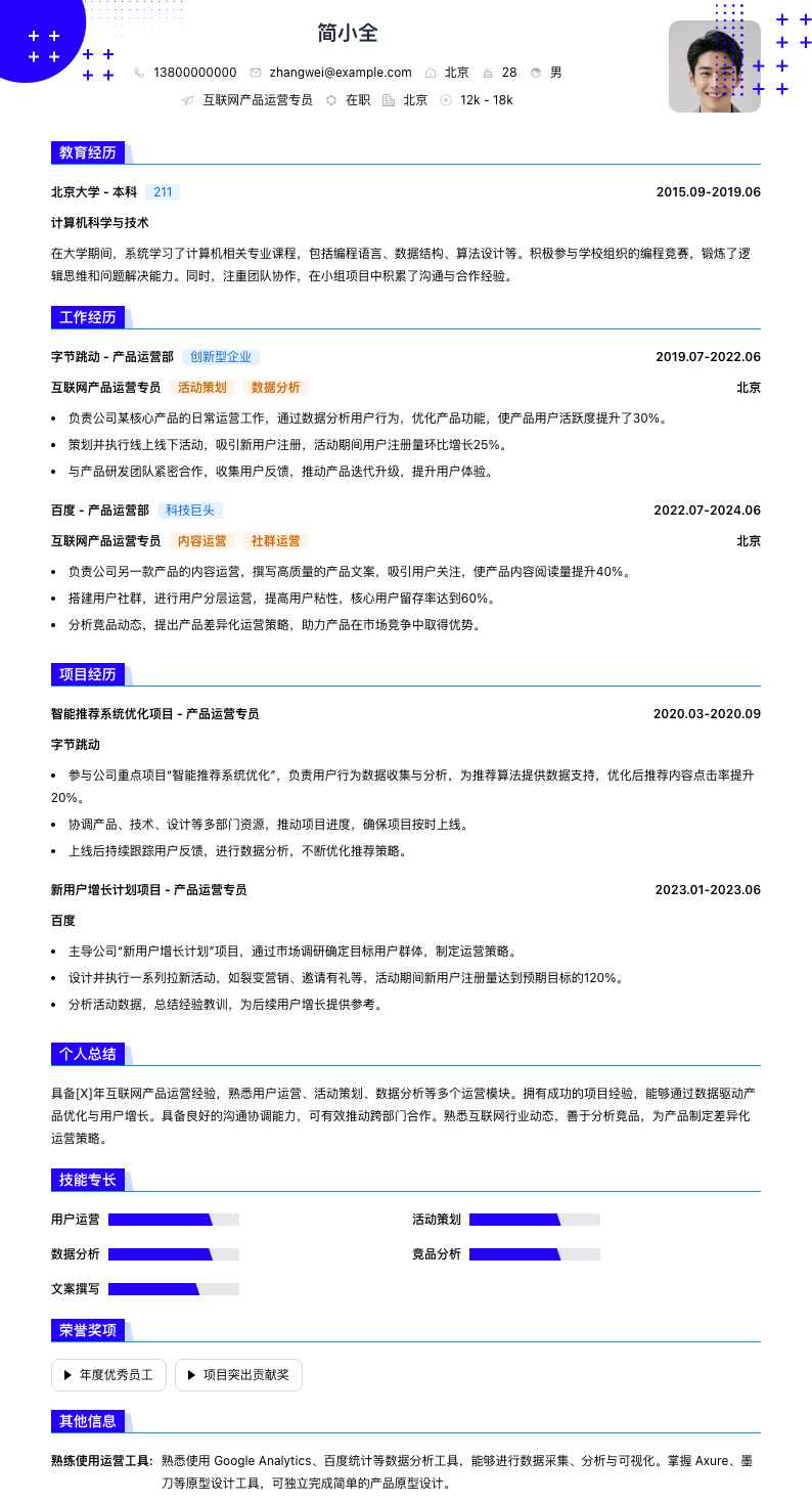 互联网产品运营专员简历模板