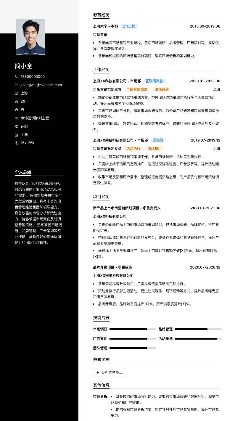 市场营销策划主管简历模板