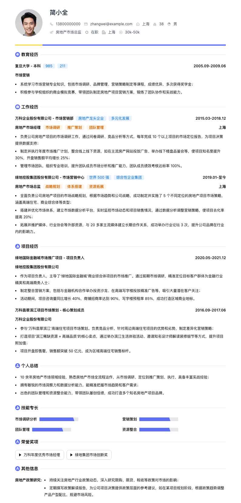 房地产市场总监简历模板