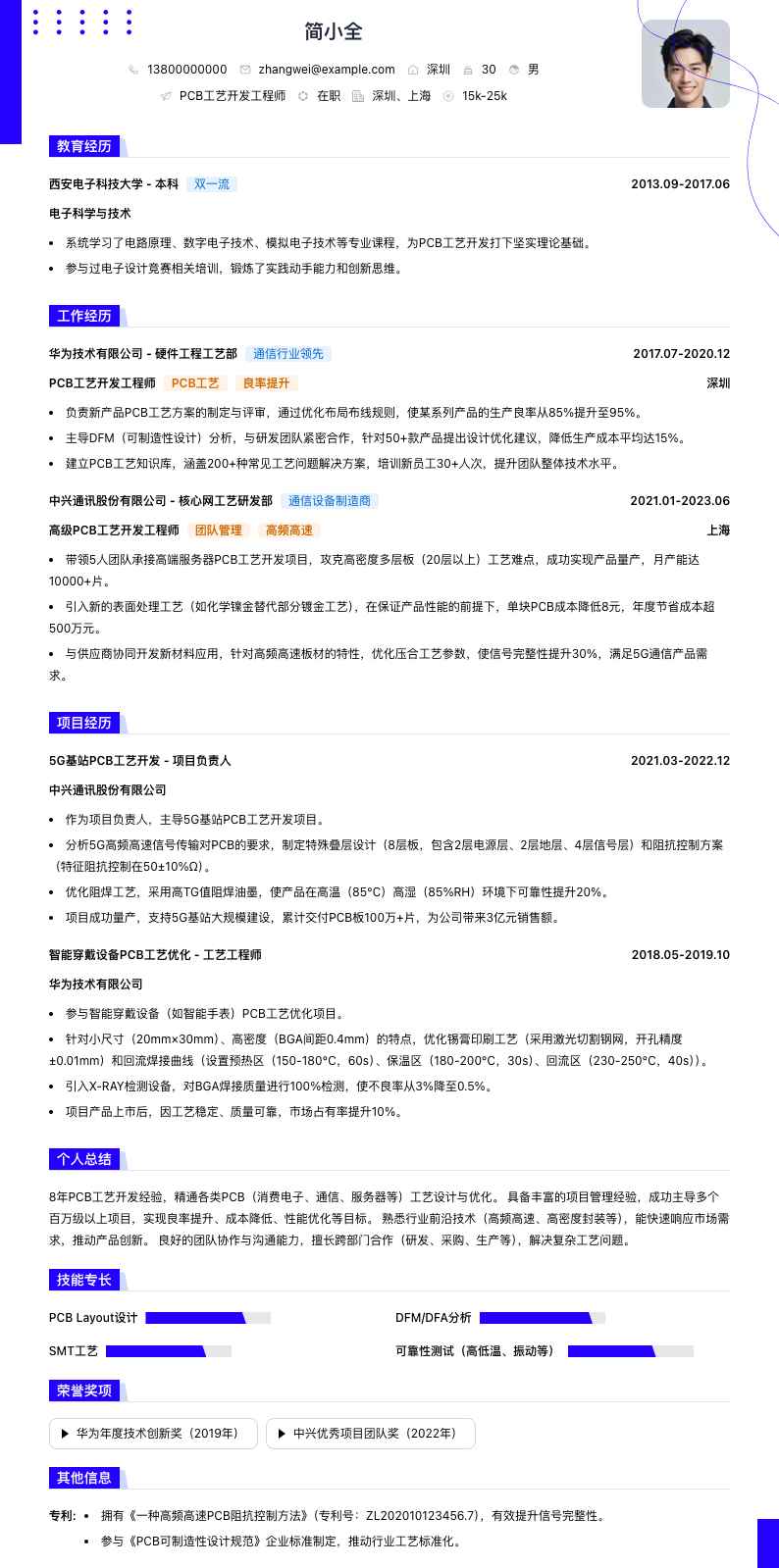 pcb工艺简历模板