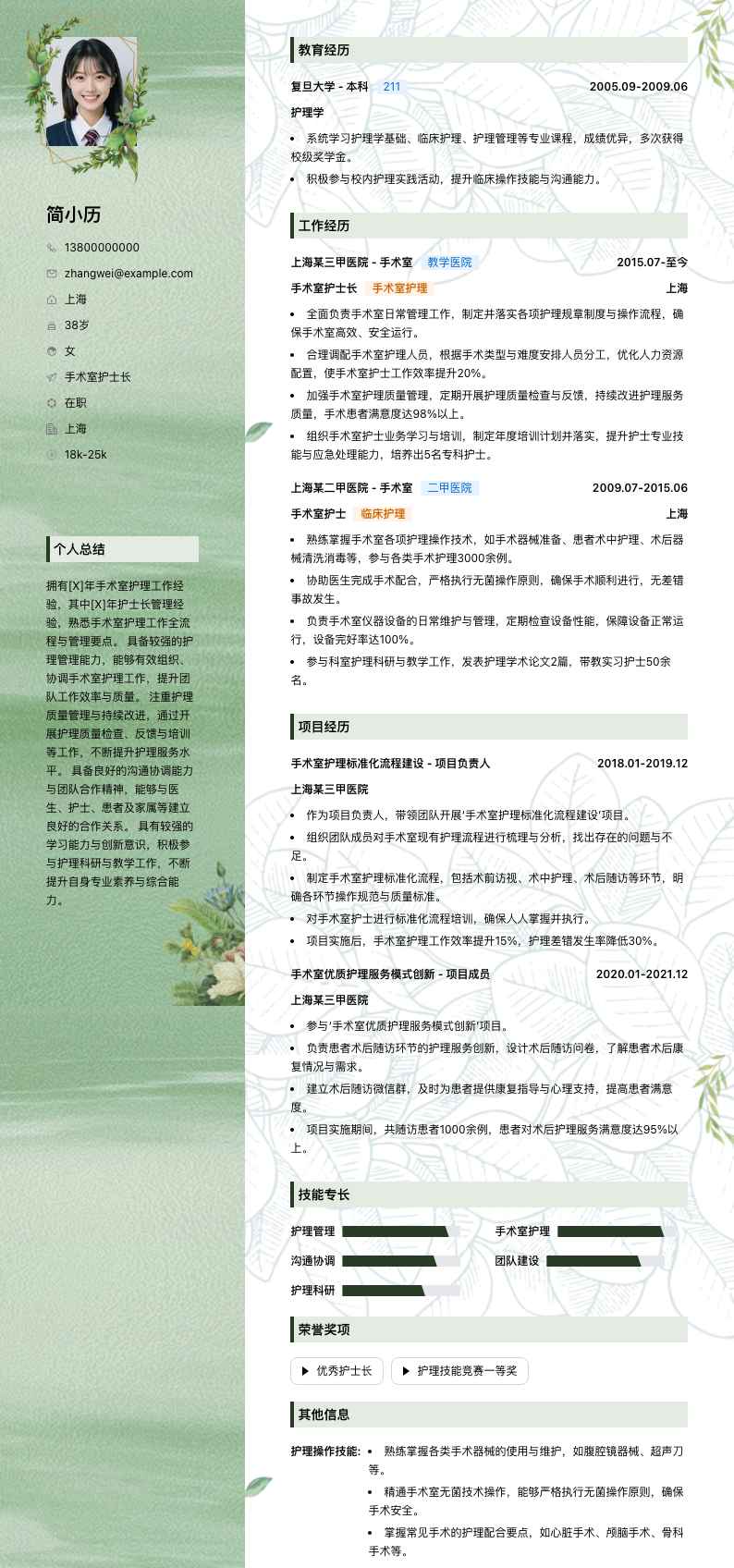 手术室护士长简历模板