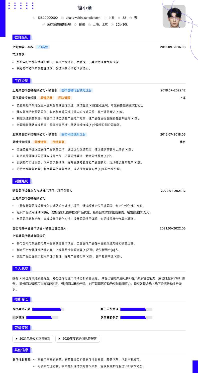 医疗渠道销售经理简历模板