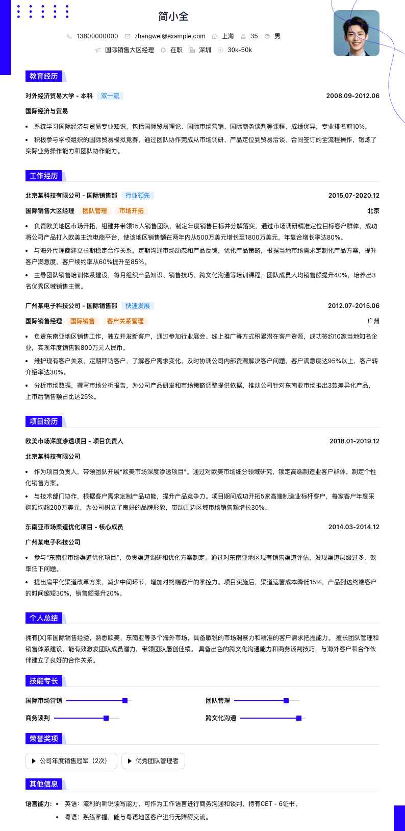 国际销售大区经理简历模板