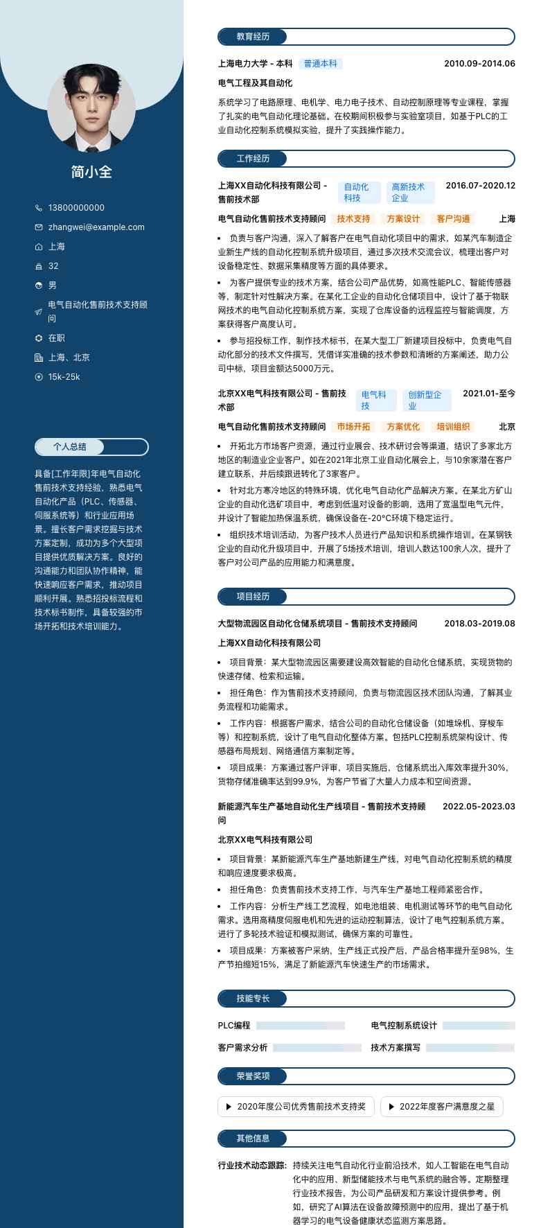 电气自动化售前技术支持顾问简历模板