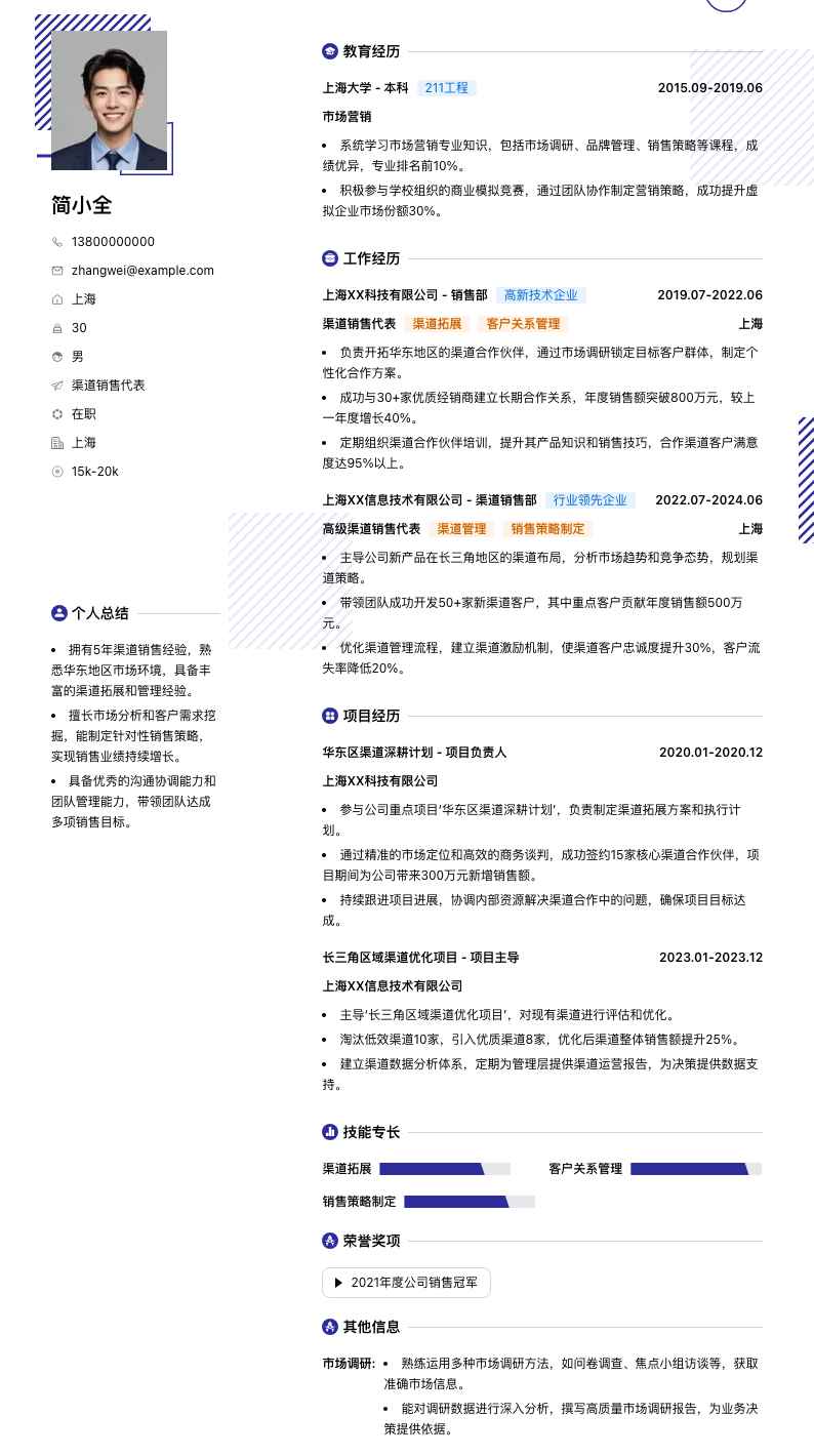 渠道销售代表简历模板