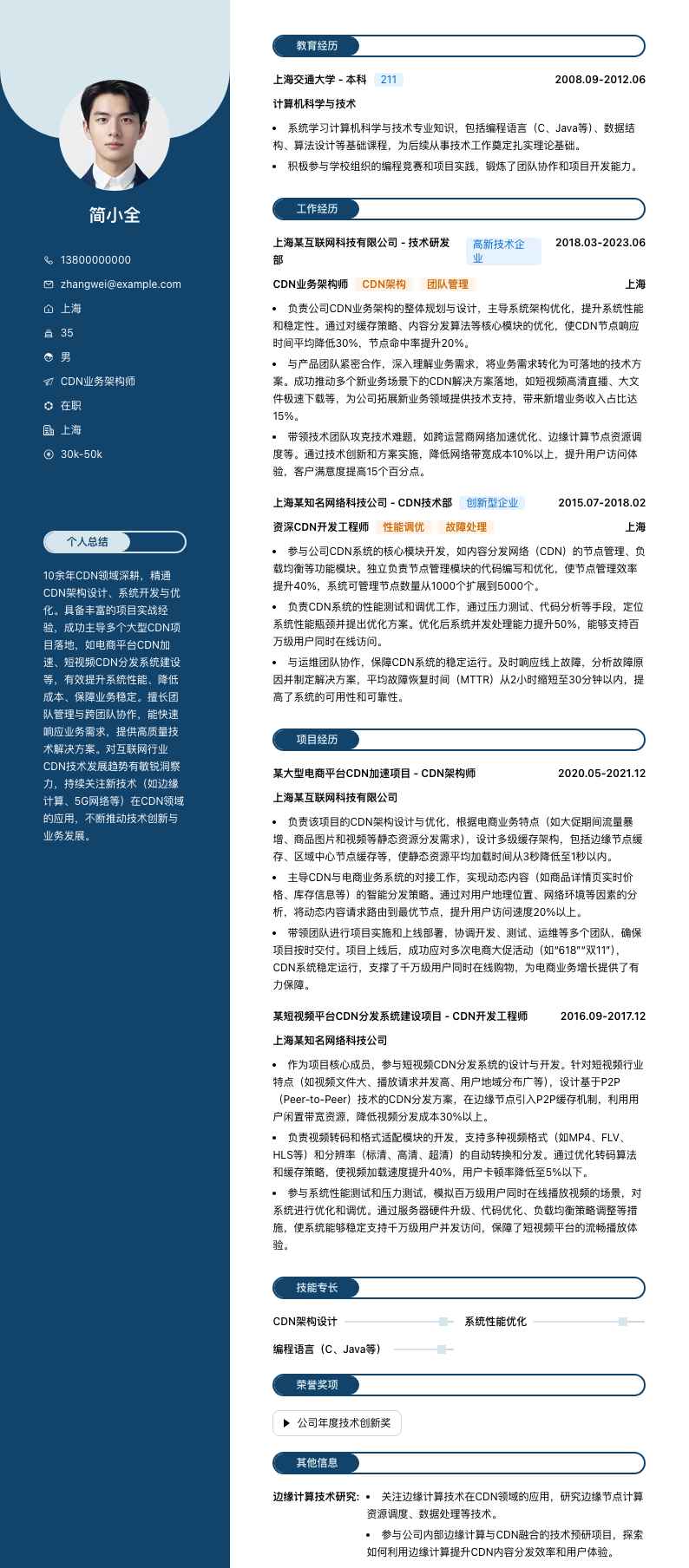 cdn业务架构师简历模板