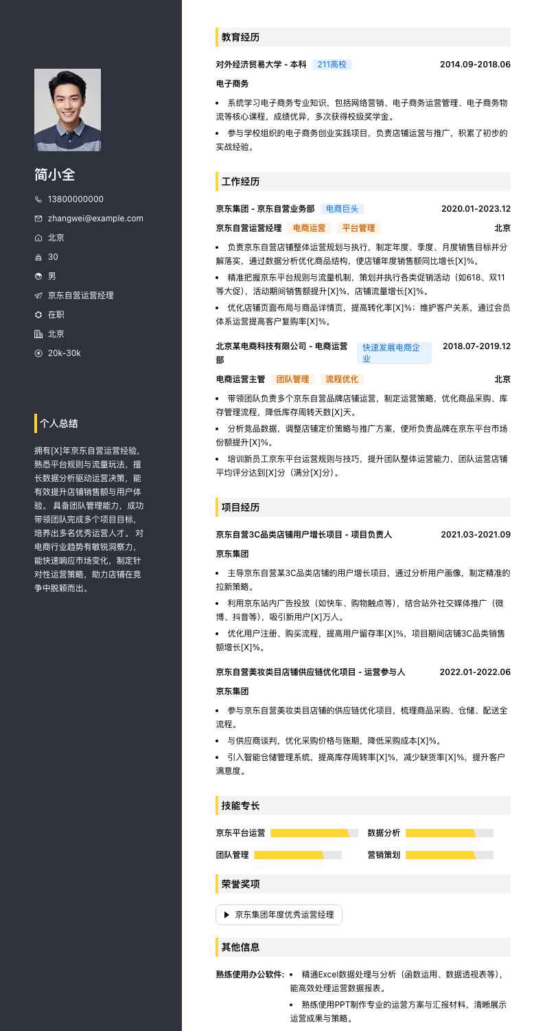京东自营运营经理简历模板